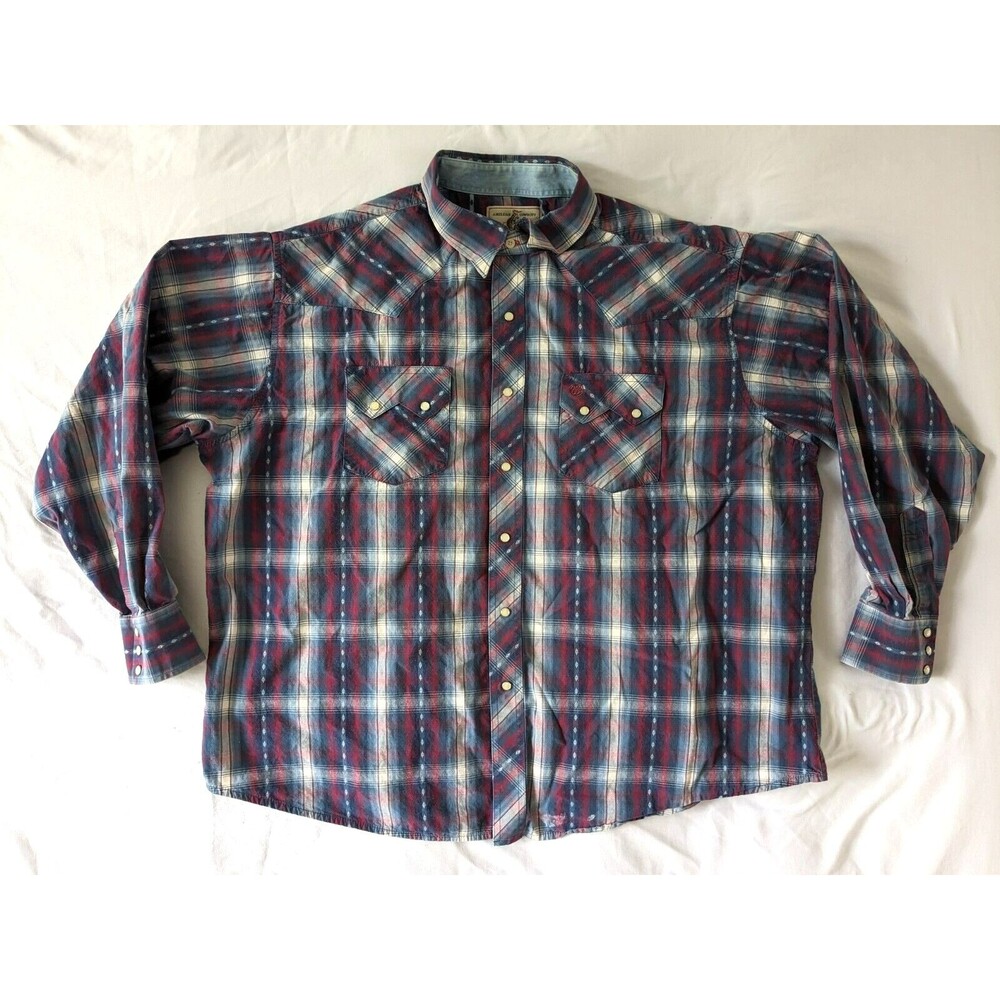 Vintage‎ Wrangler Plaid Pearl Snap Shirt Cowboy Western Rockabilly XXL Southwest